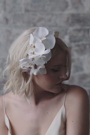 Orchid flower bridal crown headpiece with gold halo