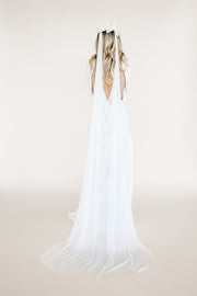 Silk flower cowl back long bridal veil 