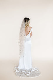 Nude colour bridal wedding veil with black polka dot spot pattern two layer veil
