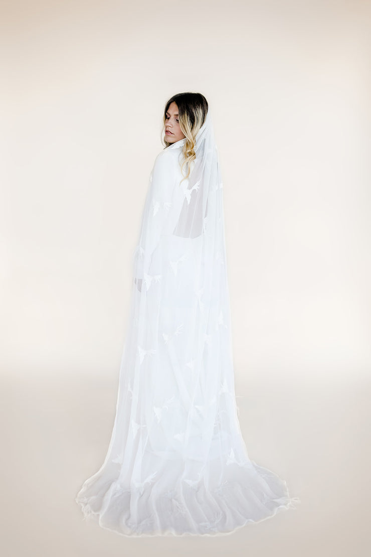 Bird embroidered silk wedding veil