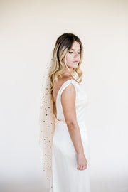 Nude colour bridal wedding veil with black polka dot spot pattern two layer veil