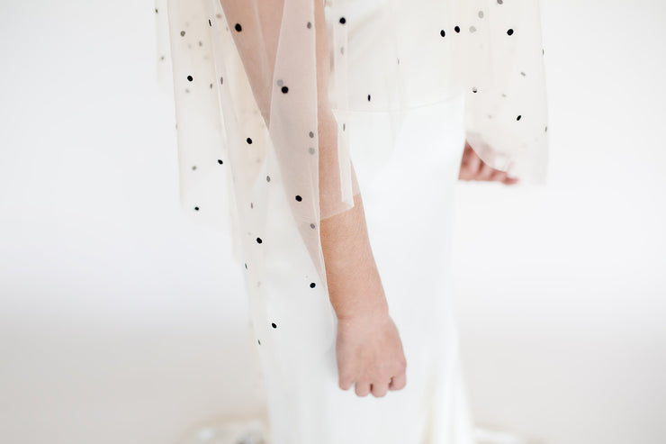 Nude colour bridal wedding veil with black polka dot spot pattern two layer veil