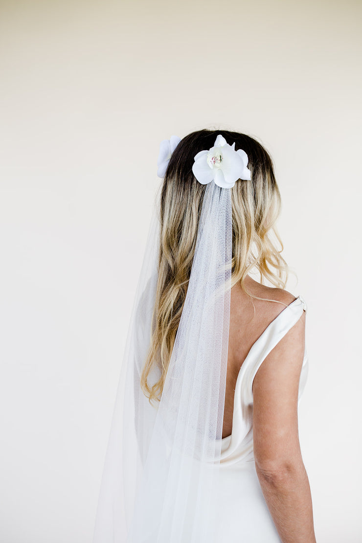 Orchid flower bridal wedding veil with drape cowl back