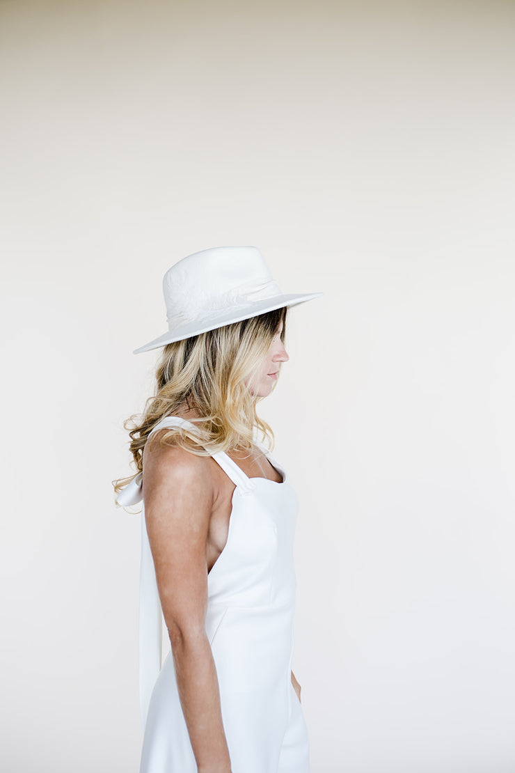 Bridal wedding fedora hat with embroidered feather trim