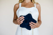 Blue suede star shaped bridal clutch bag with gold chain strap