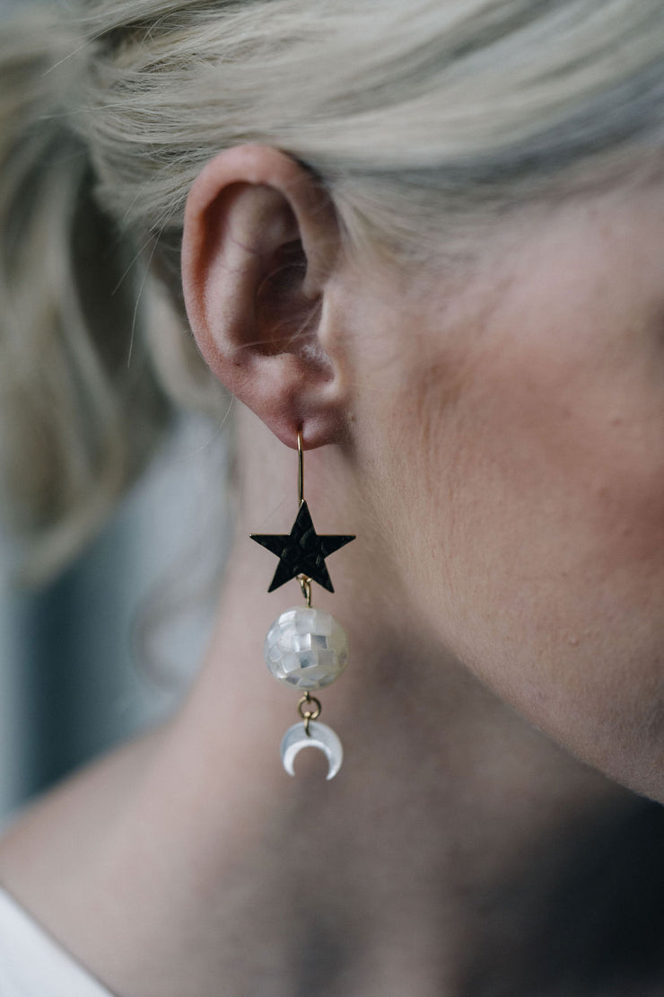 Gold star earring hook with mother of pearl discoball and moon charm