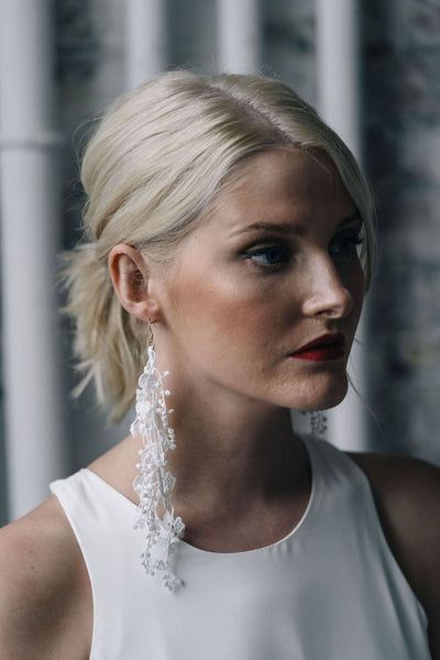 Delicate white lace modern unique bridal earrings