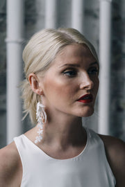 Floral lace bridal earrings with white bugle beads and gold hooks