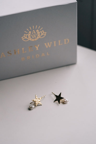 Gold star celestial bridal earrings with pearls