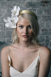 Orchid flower bridal crown headpiece with gold halo