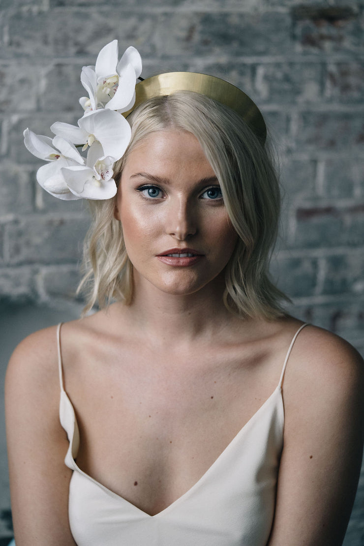 Orchid flower bridal crown headpiece with gold halo
