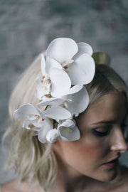 Orchid flower bridal crown headpiece with gold halo