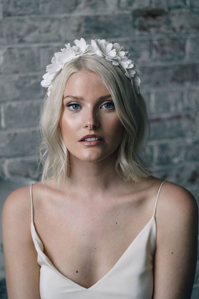 Floral lace flower crown bridal headpiece with daisy pattern and Swarovski crystal