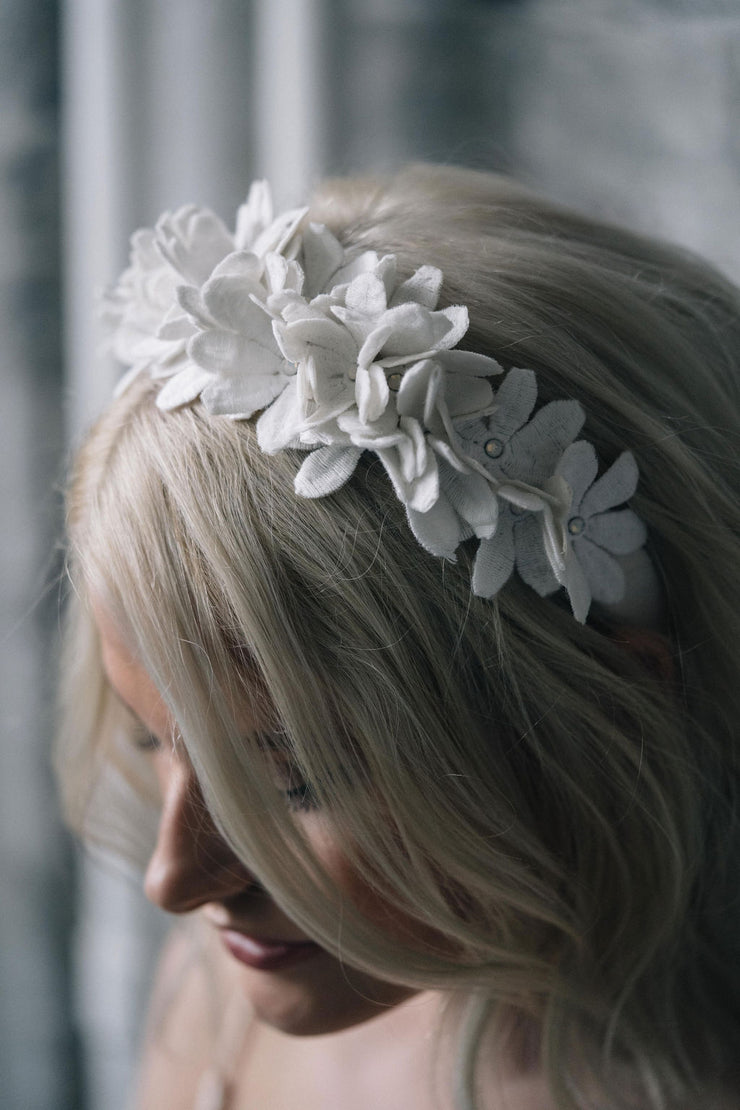 Floral lace flower crown bridal headpiece with daisy pattern and Swarovski crystal