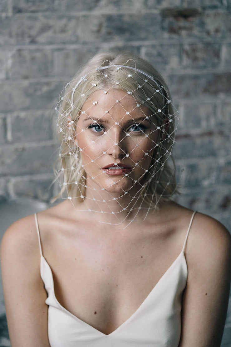 Full face birdcage veil with Swarovski crystals in ivory
