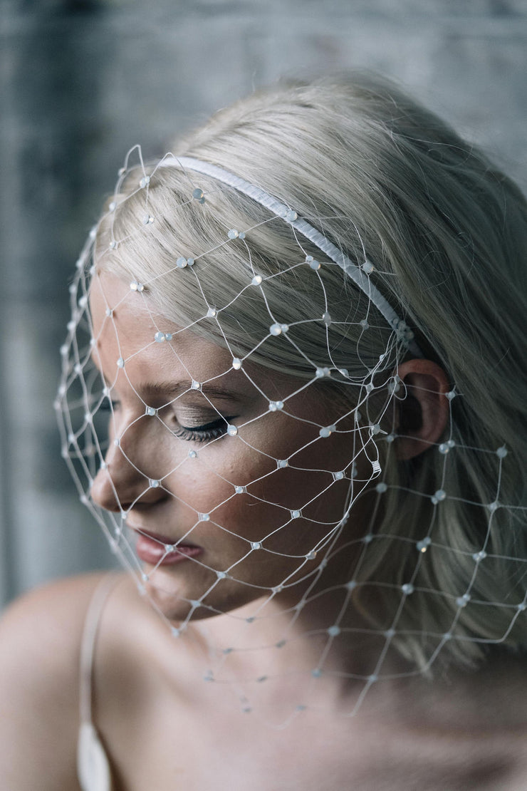 Full face birdcage veil with Swarovski crystals in ivory