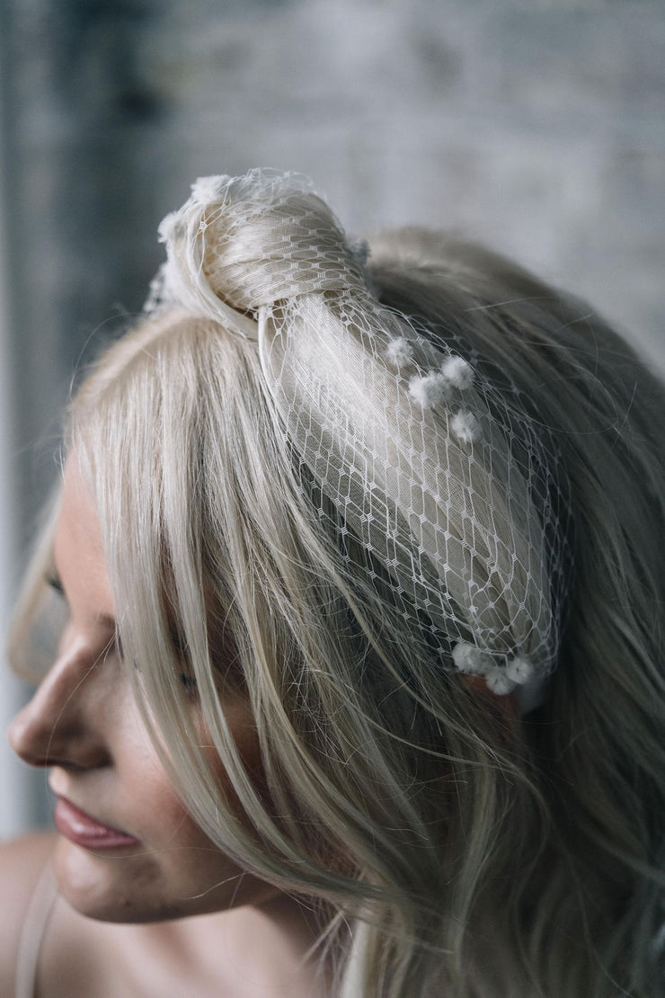 Ivory veiling turban knot headband bridal headpiece