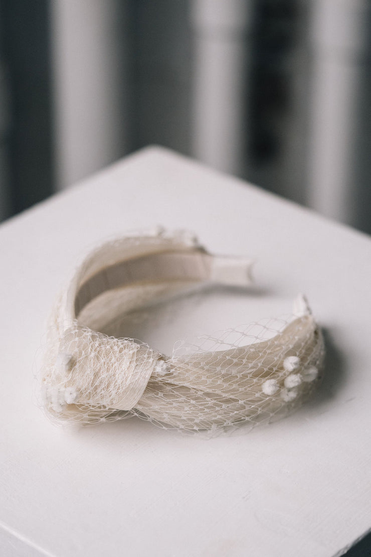 Ivory veiling turban knot headband bridal headpiece