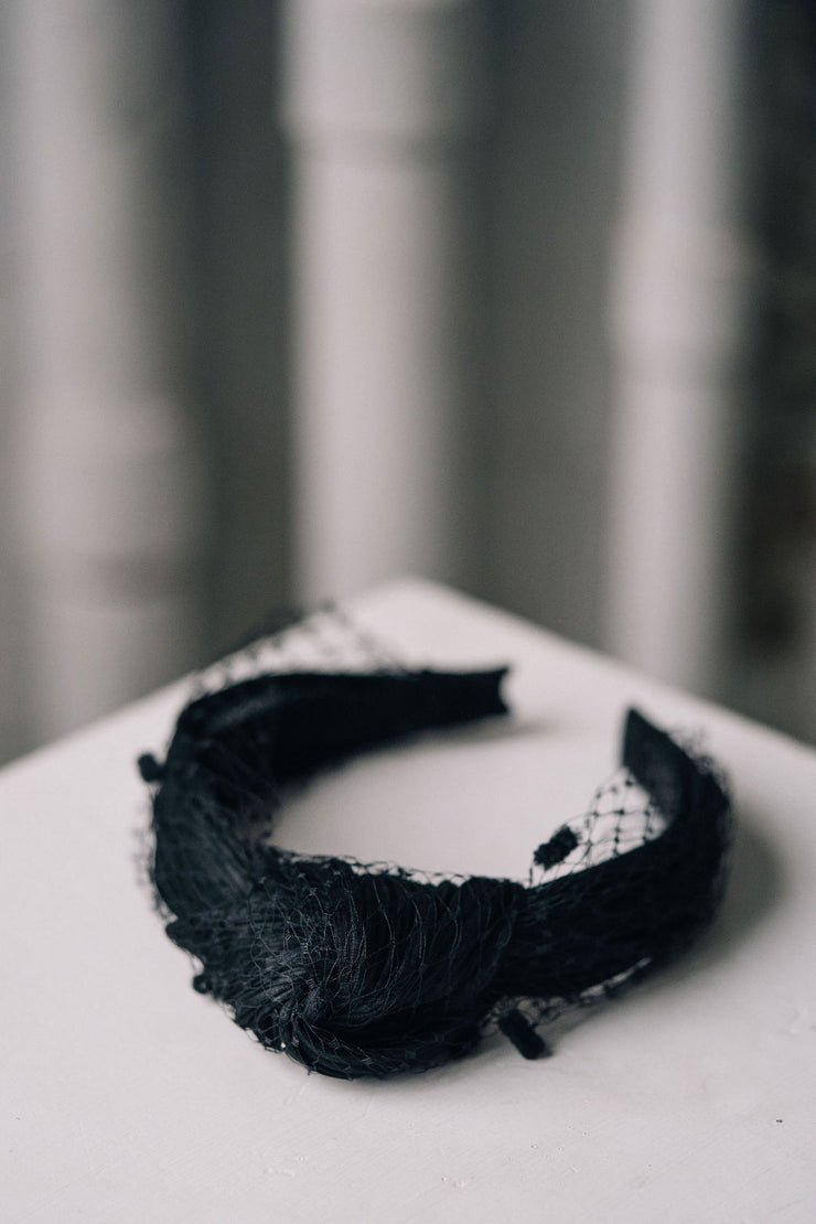 Black veiling turban knot headband headpiece