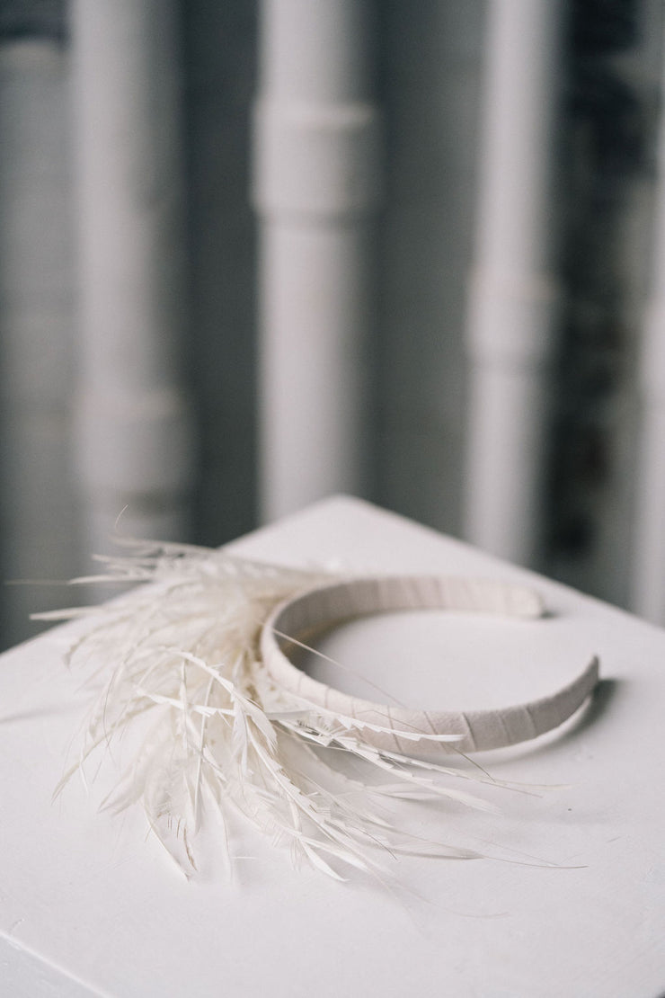Ivory feather headband modern bridal headpiece