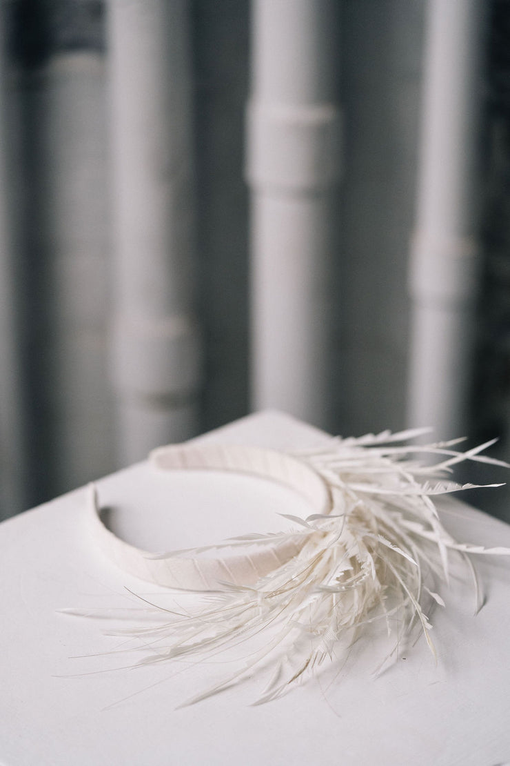 Ivory feather headband modern bridal headpiece