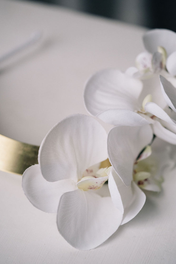 Orchid flower bridal crown headpiece with gold halo