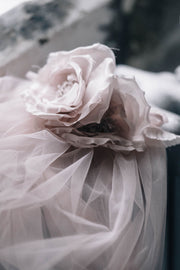 Silk rose flower crown bridal wedding veil with cowl drape back in dusky blush pink