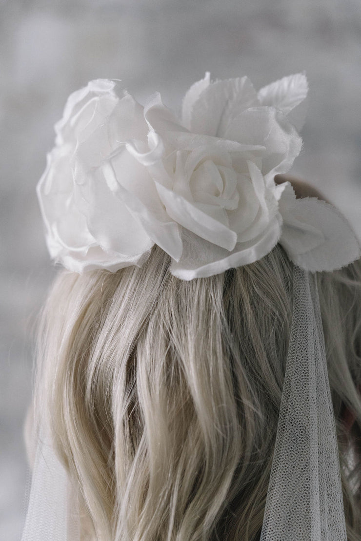 Silk rose flower crown bridal wedding veil with cowl drape back