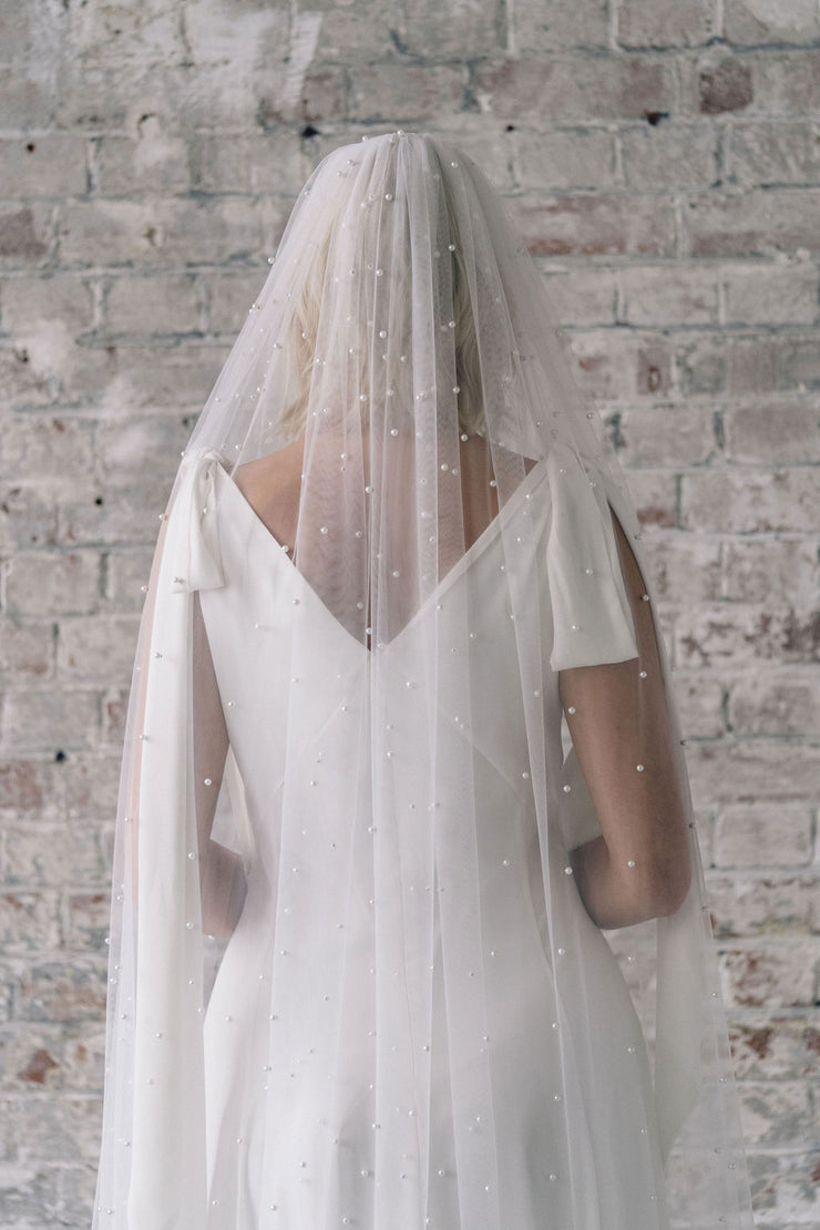 Pearl beaded long wedding veil