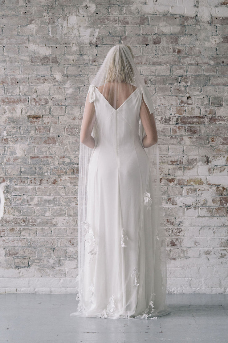 Delicate lace applique bridal veil with Swarovski crystals