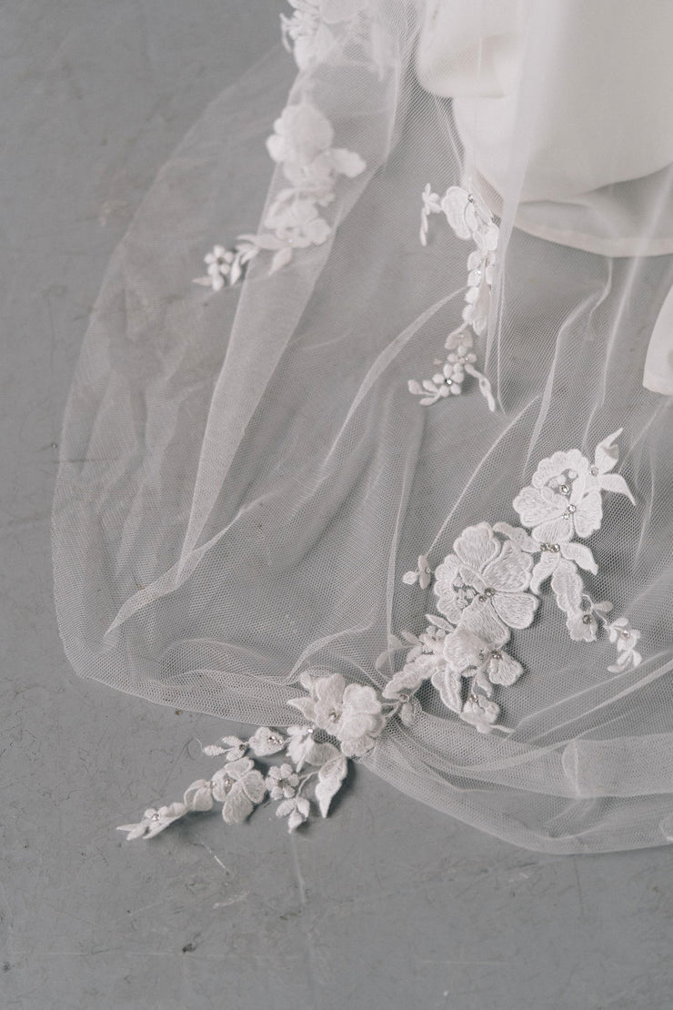 Delicate lace applique bridal veil with Swarovski crystals