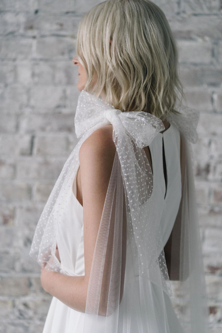 Bow cape bridal drape veil with polka dots