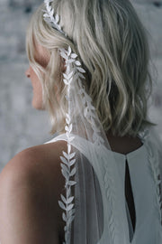 Leaf lace pattern edged wedding veil with drape cowl back